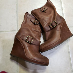 Lucky Brand Cognac Leather Wedge Bootie, sz 7.5